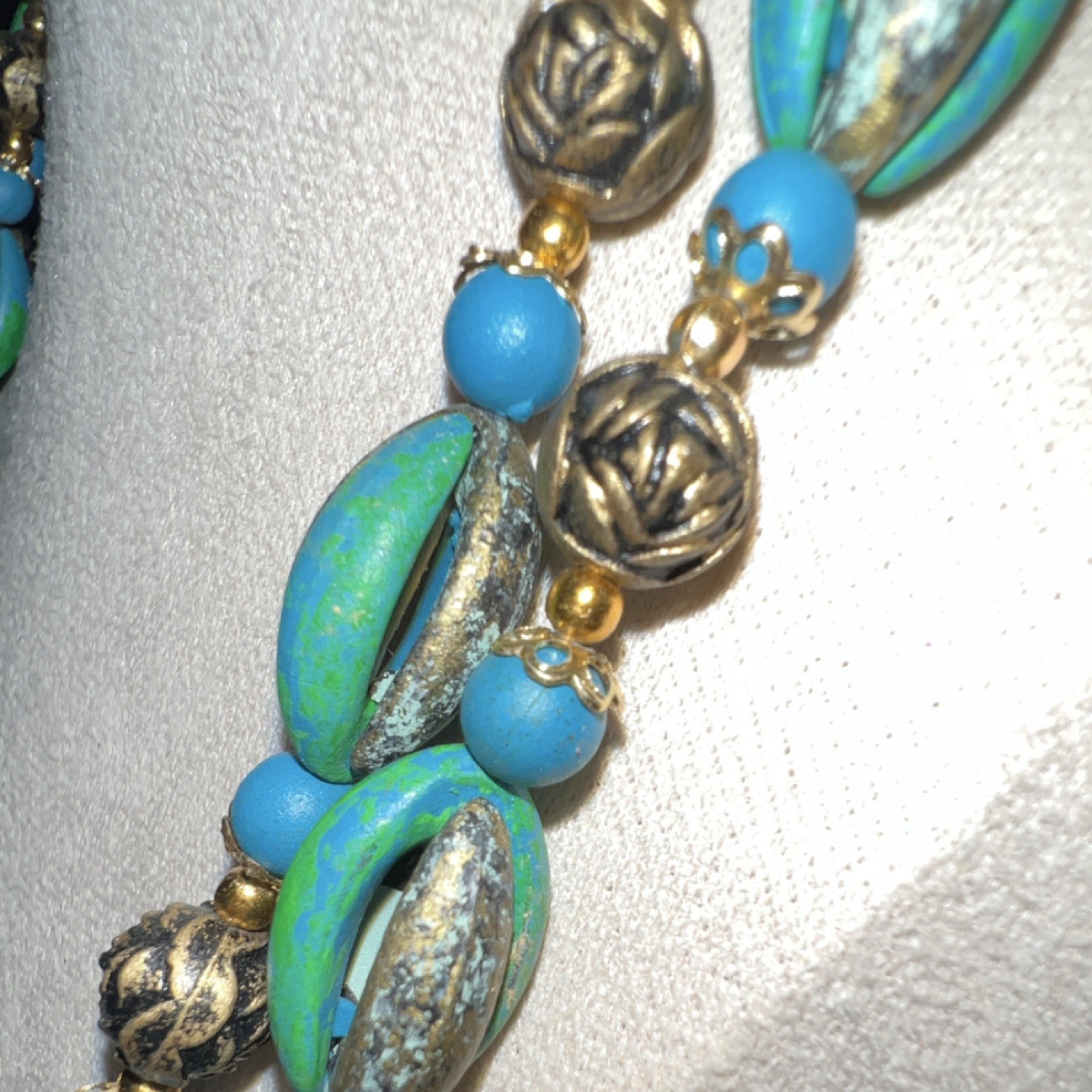Vintage Beaded Statement Necklace Blue Green Gold Tone Stamped Hong Kong