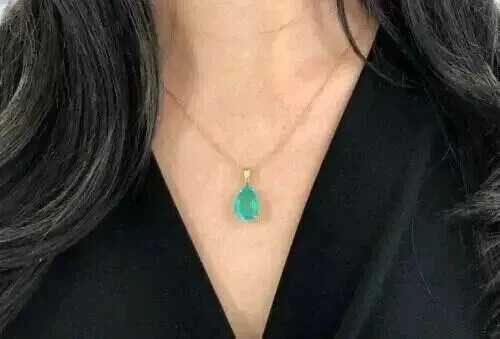 Natural Green Emerald 3.00Ct Pear Cut Teardrop Pendant 14k Yellow Gold Plated