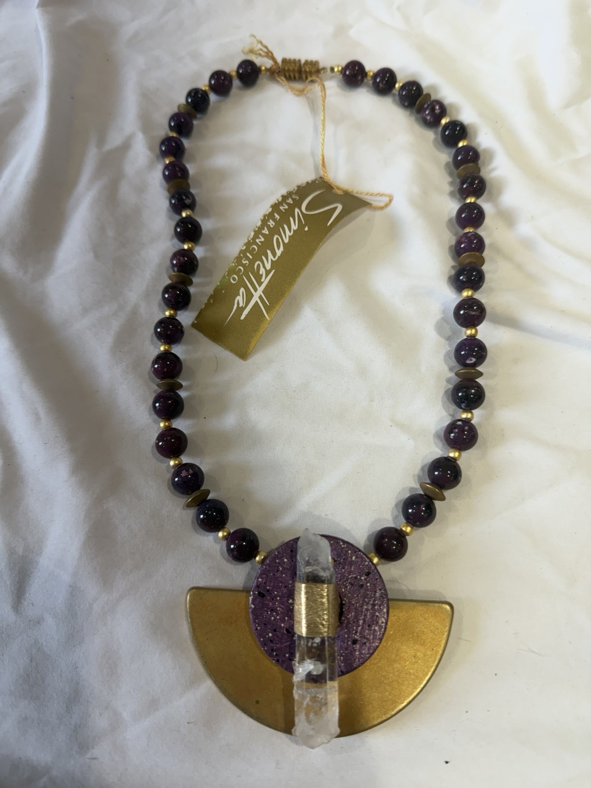 Simonetta San Francisco Purple Beaded Necklace Gold Asymmetrical Amulet Pendant