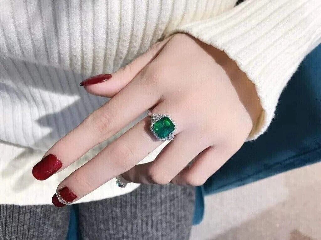 6.80 Ct Natural Emerald Shape Diamond Ring 14K Solid White Gold
