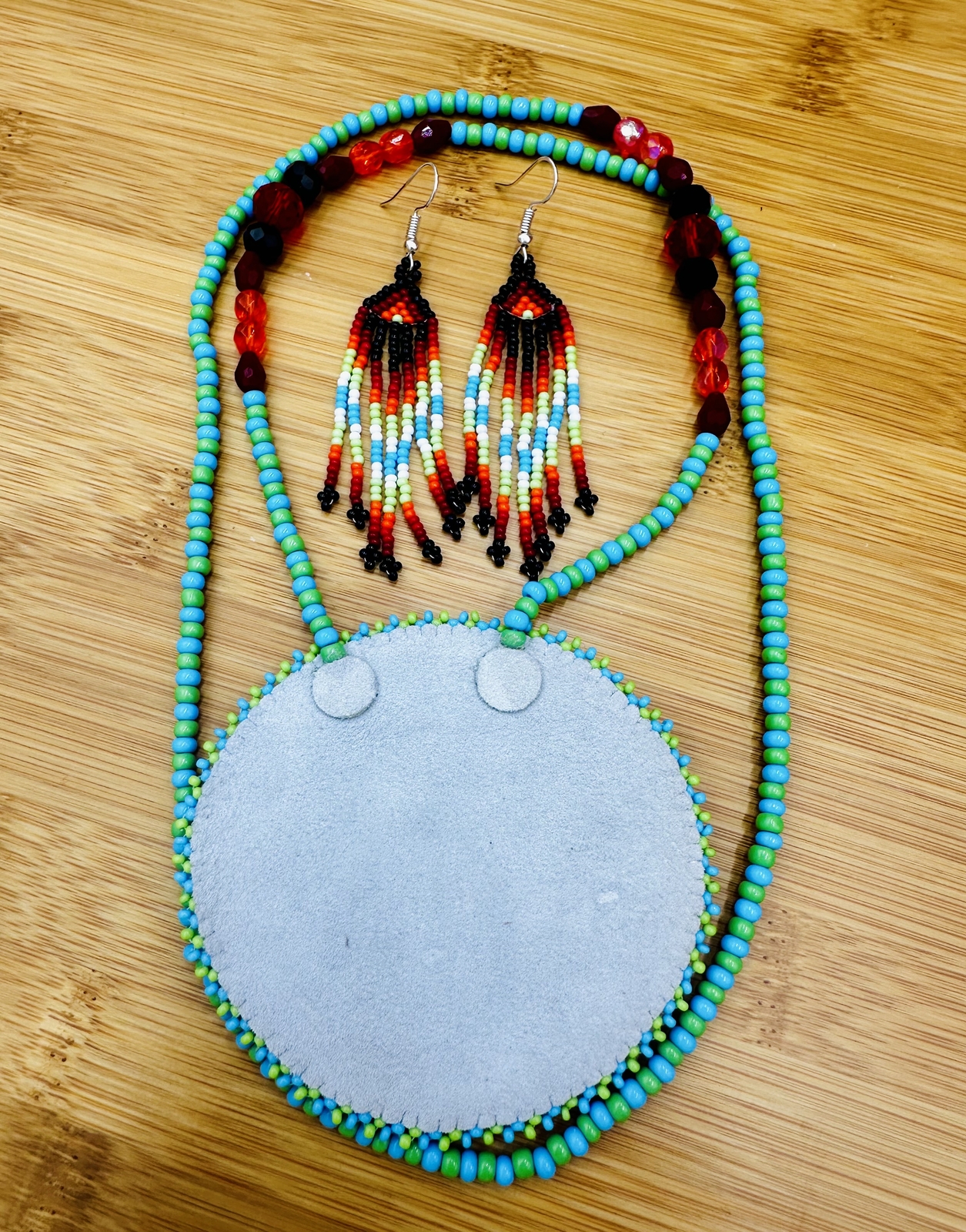 Handmade beaded Green Orange medallion necklace earrings set