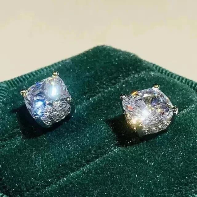2 CT Cushion Cut Real VVS Moissanite Solitaire Stud Earrings 925 Sterling Silver