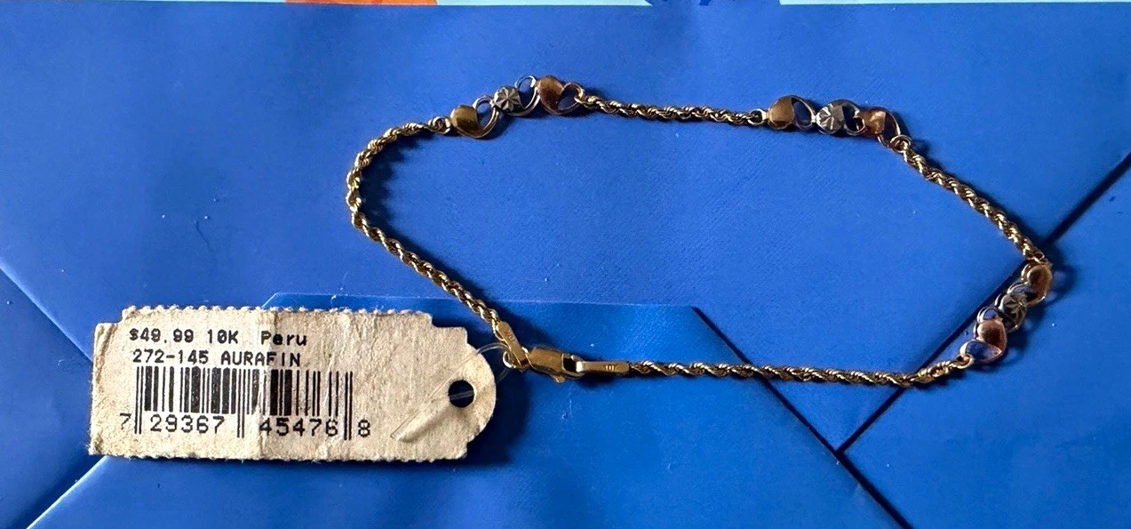 10K Yellow Gold Rope Chain Charm Bracelet w/ Disc Charms, Peru Tag, Lobster