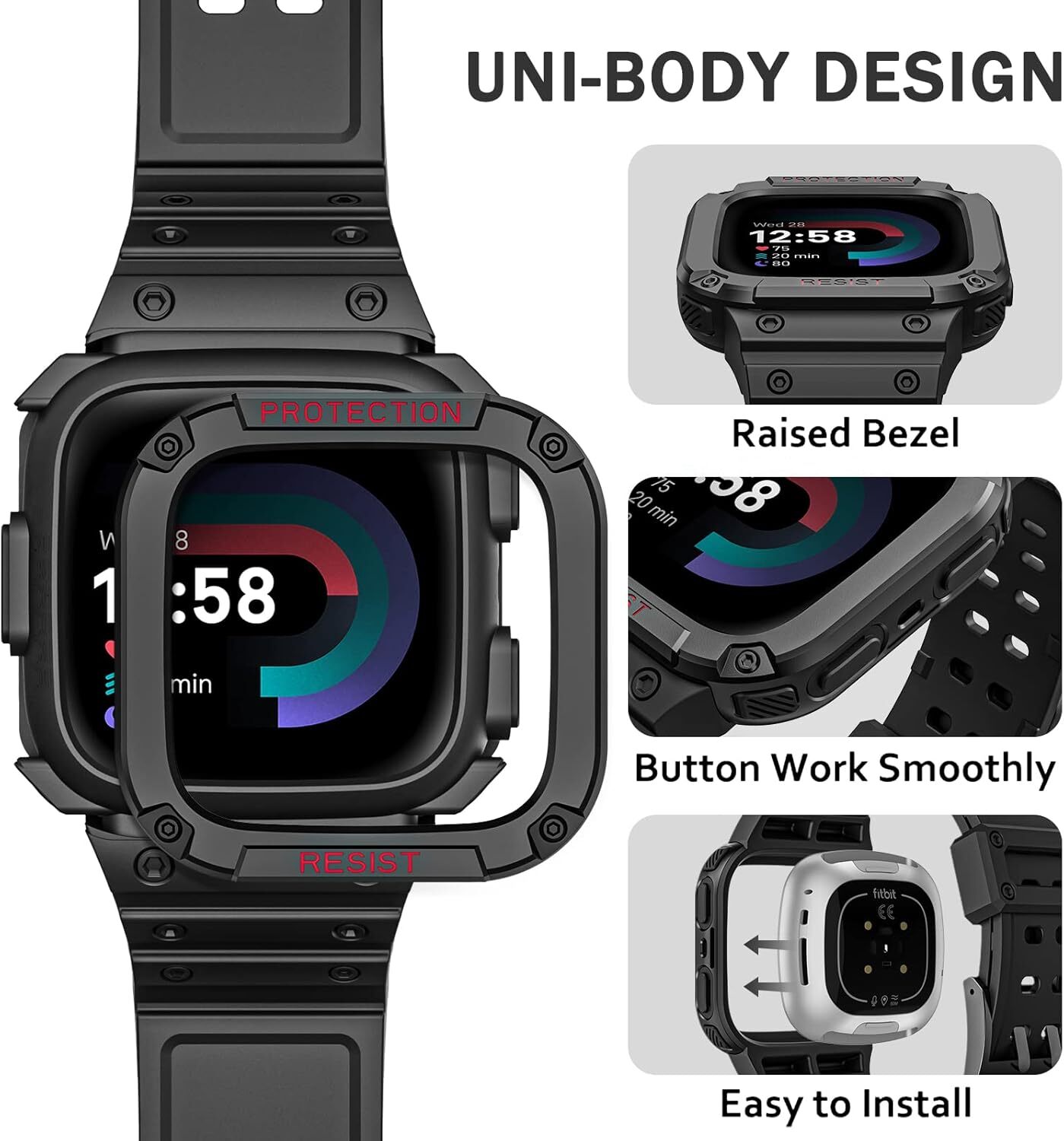 Bands with Case For Fitbit Sense /Fitbit Versa 3 2 Versa Lite Rugged Sport Strap