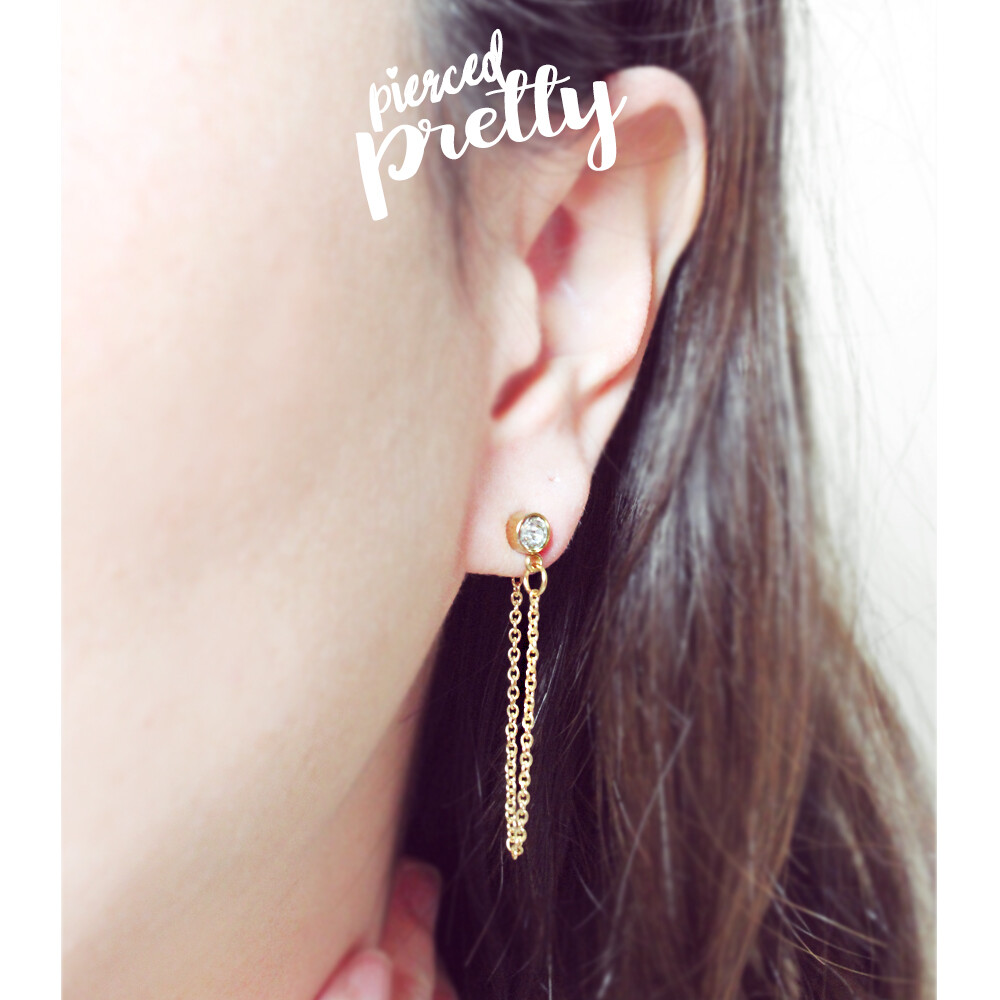 Handmade CZ stud chain earrings, 20g dangle lobe chain earrings, Sold as a pair