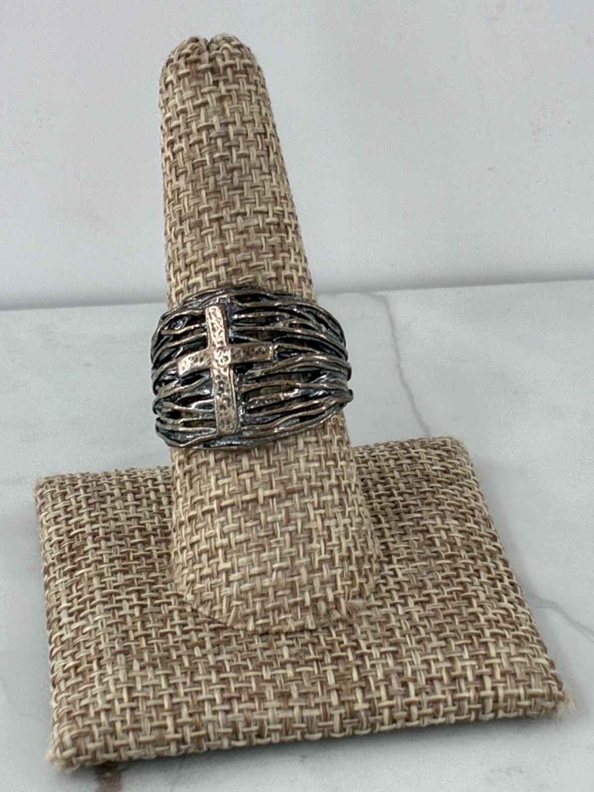 Or Paz Sterling Silver Two Tone Cross Ring 9 Wide Band Wire Vine Weave Wrap Rare
