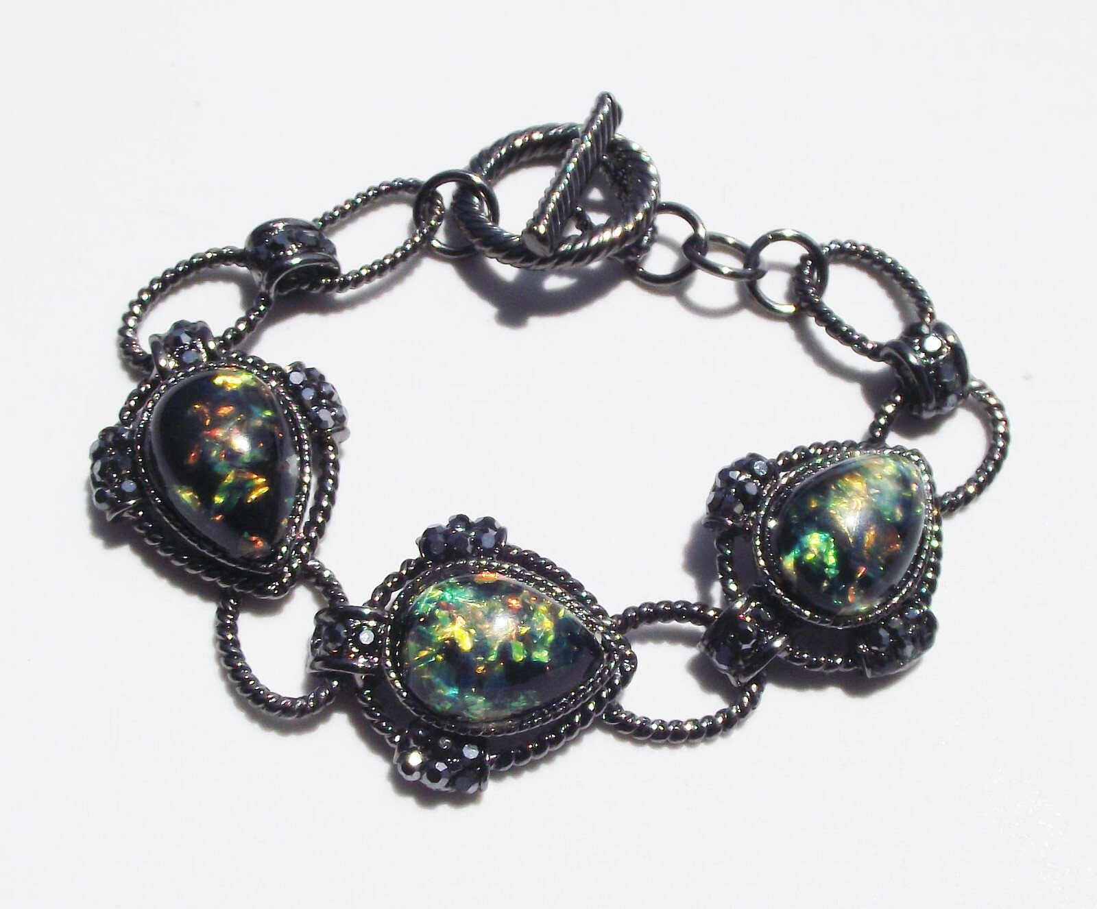 DESIGNER INSPIRED 7.5 IN BLACK BLUE GREEN GOLD ORANGE FAUX OPAL TOGGLE BRACELET