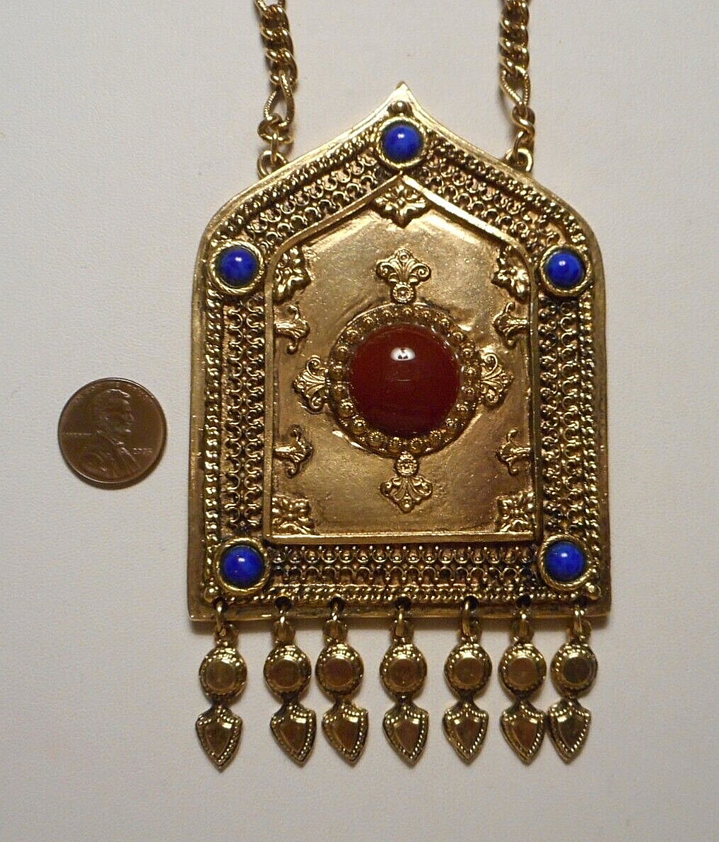 Accessocraft NYC Large Ethnic Cabochon Jeweled Pendant Necklace w Side Chains