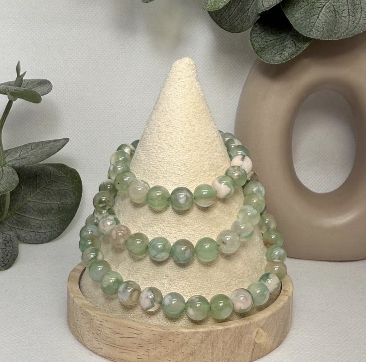 Flower Agate Green Triple Bracelet 7.6MM