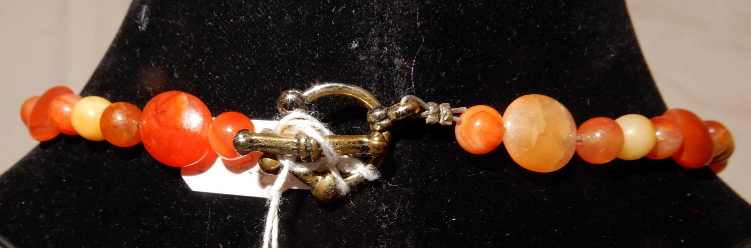 Beaded Agate Necklace with Brass Design Cut-Out Ball Charm -17 in.