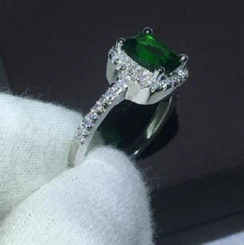 2.5Ct Lab-Created Green Emerald Halo Engagement Ring Solid 14K White Gold Finis