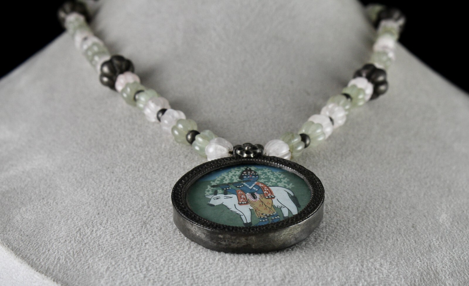 Sterling Silver Krishna Painting Pendant Rose Quartz 383ct Jade Necklace