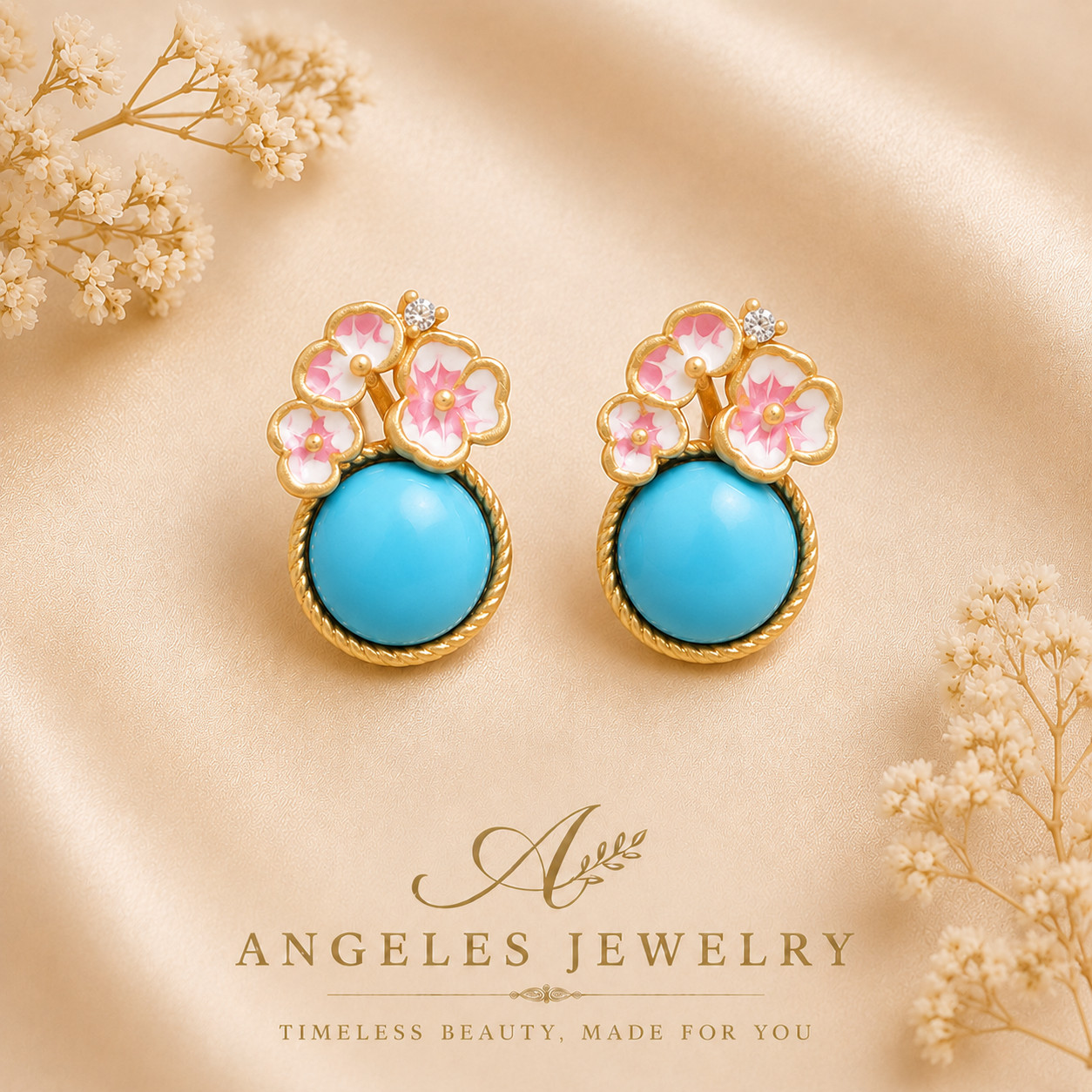 Bohemian Turquoise Gemstone Stud Earrings – Dainty Flower Shape 18K Gold Plated