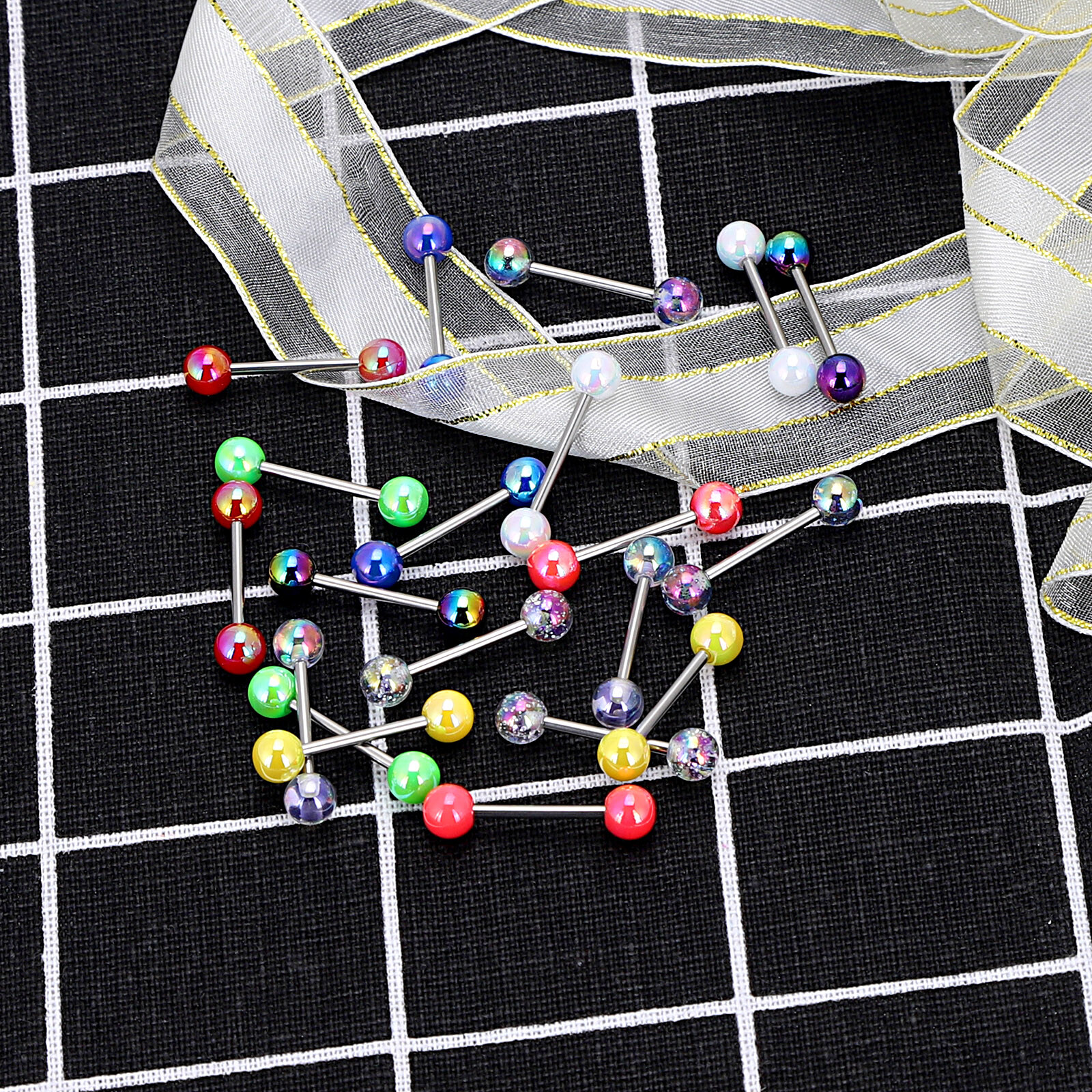 2pcs Colorful Ball Tongue Rings 316L Stainless Steel Barbell Nipple Ring 14G Bar