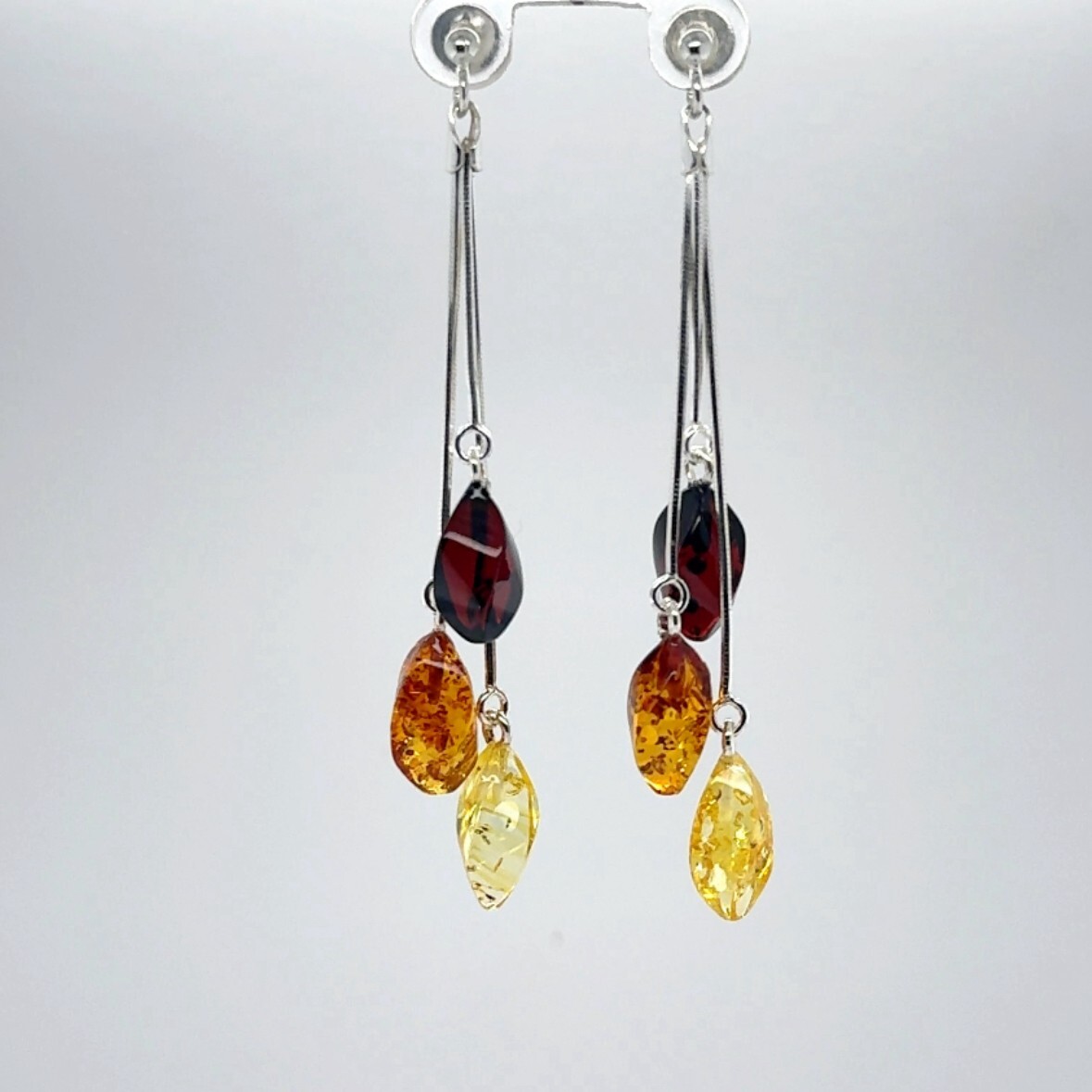 Multi-Color BALTIC AMBER Dangle Post Earrings 925 STERLING SILVER Poland #4809e