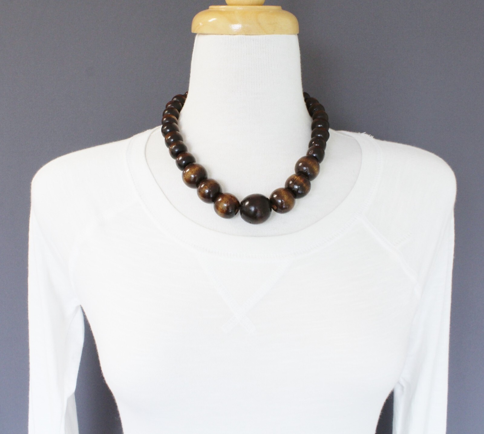 Dark Brown wood necklace bead big chunky beaded 18-19.5″ long necklace wooden