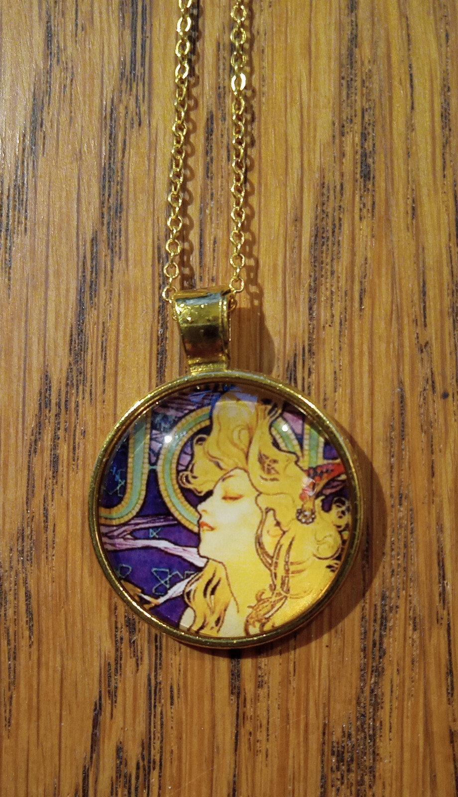 Goddess Cabochon Pendant, Alphonse Mucha Art Nouveau, Glass Pendant Goldplated