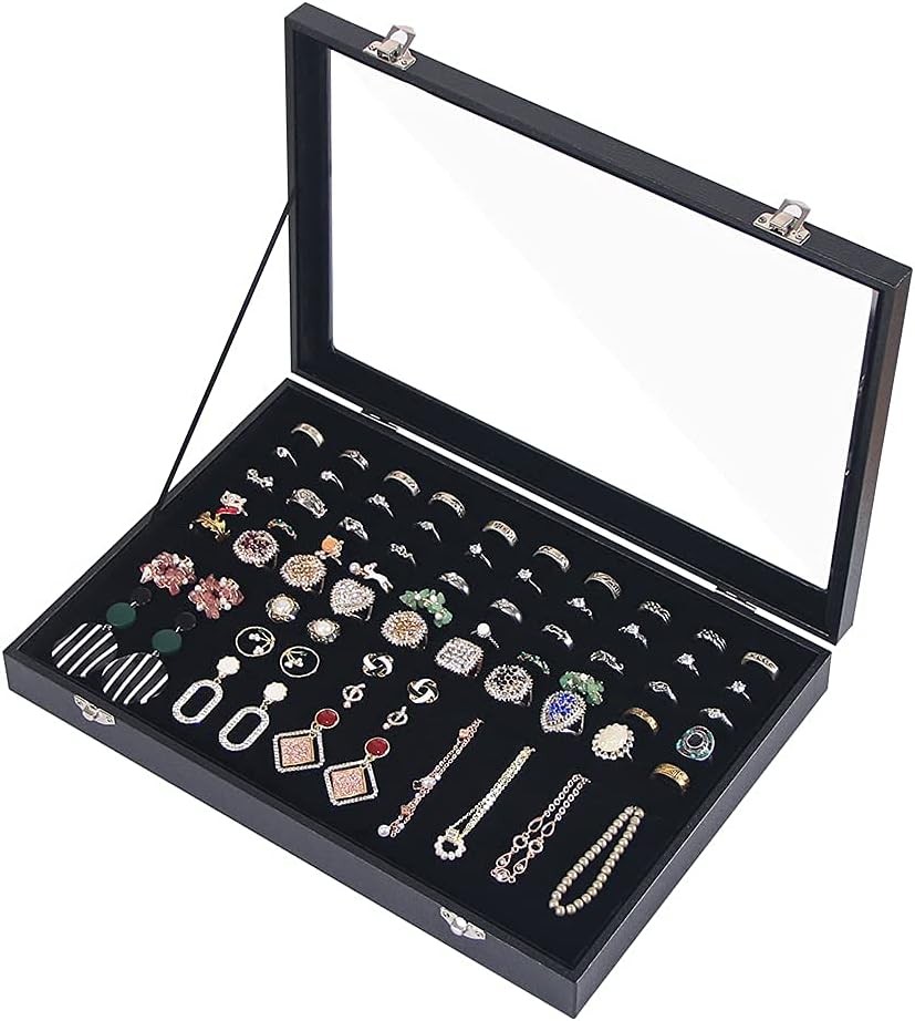 Ring Display Box 100 Slots with Glass Top Lid, Black Jewelry Storage Case