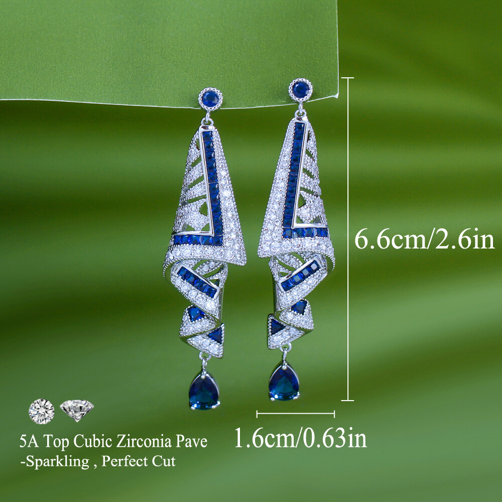 Silver Plated Cubic Zirconia Blue Long Symmetrical Dangle Drop Earrings for Lady