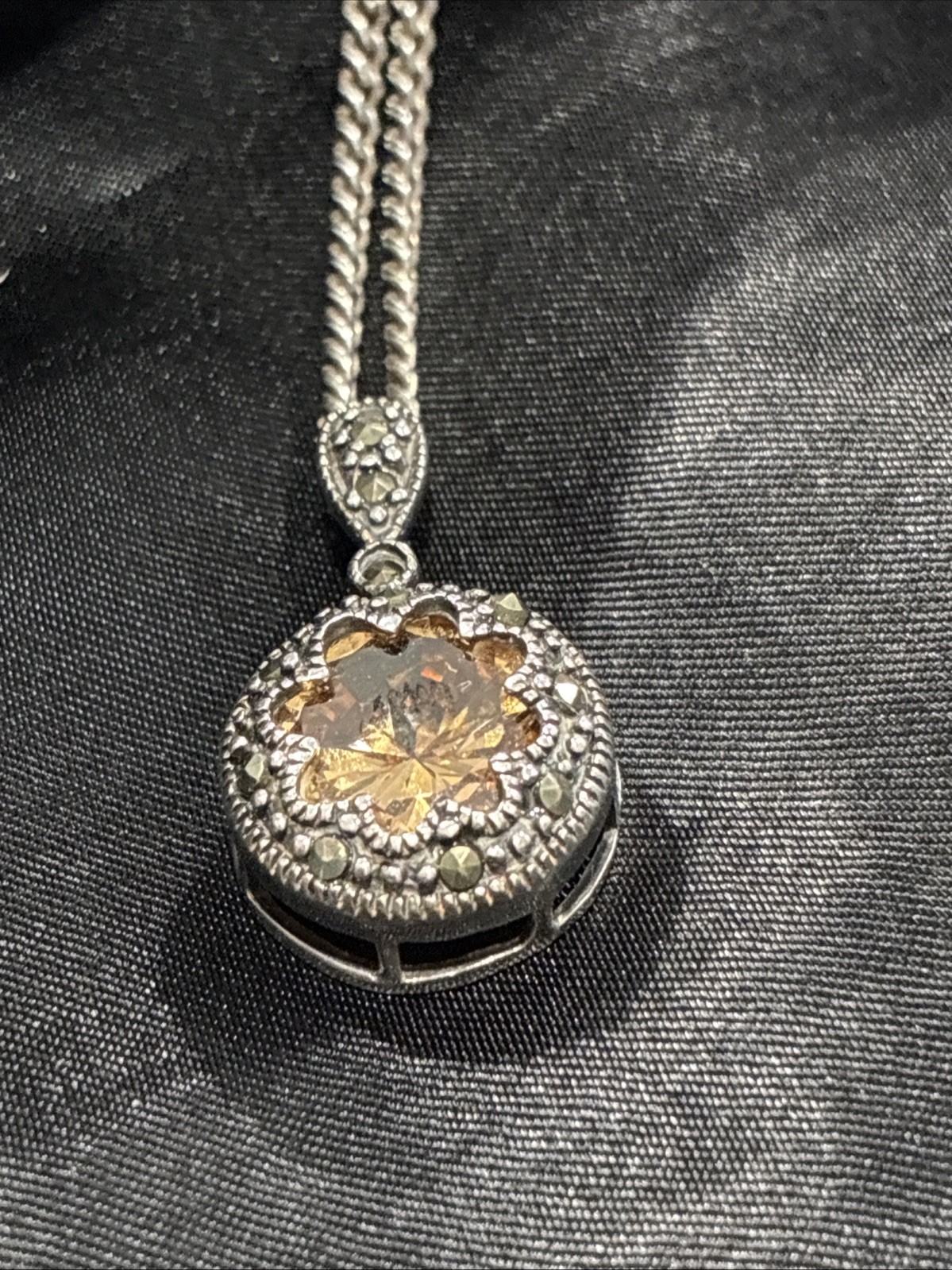925 Italy Sterling Silver Curb Chain Peach Halo Black Marcasite Pendant Necklace