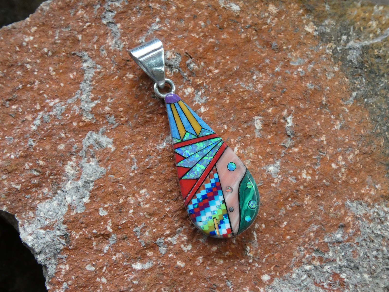 Mosiac Multi Gemstone Fire Opal Aluminum Sterling Silver Alloy Pendant NEW AS91