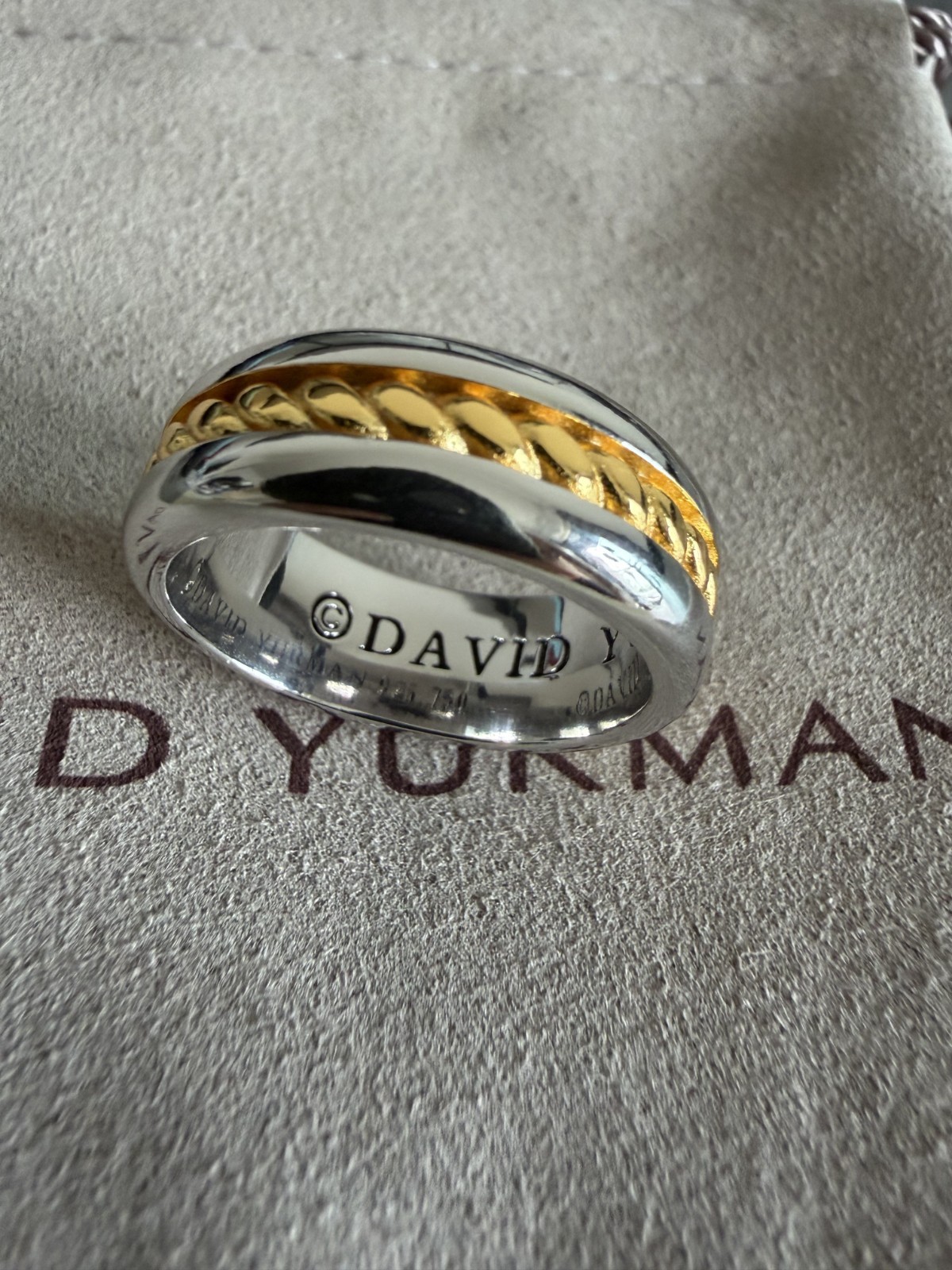 David Yurman 8mm Cable Inset Band Ring Sterling Silver with 18K Yellow Gold S.8