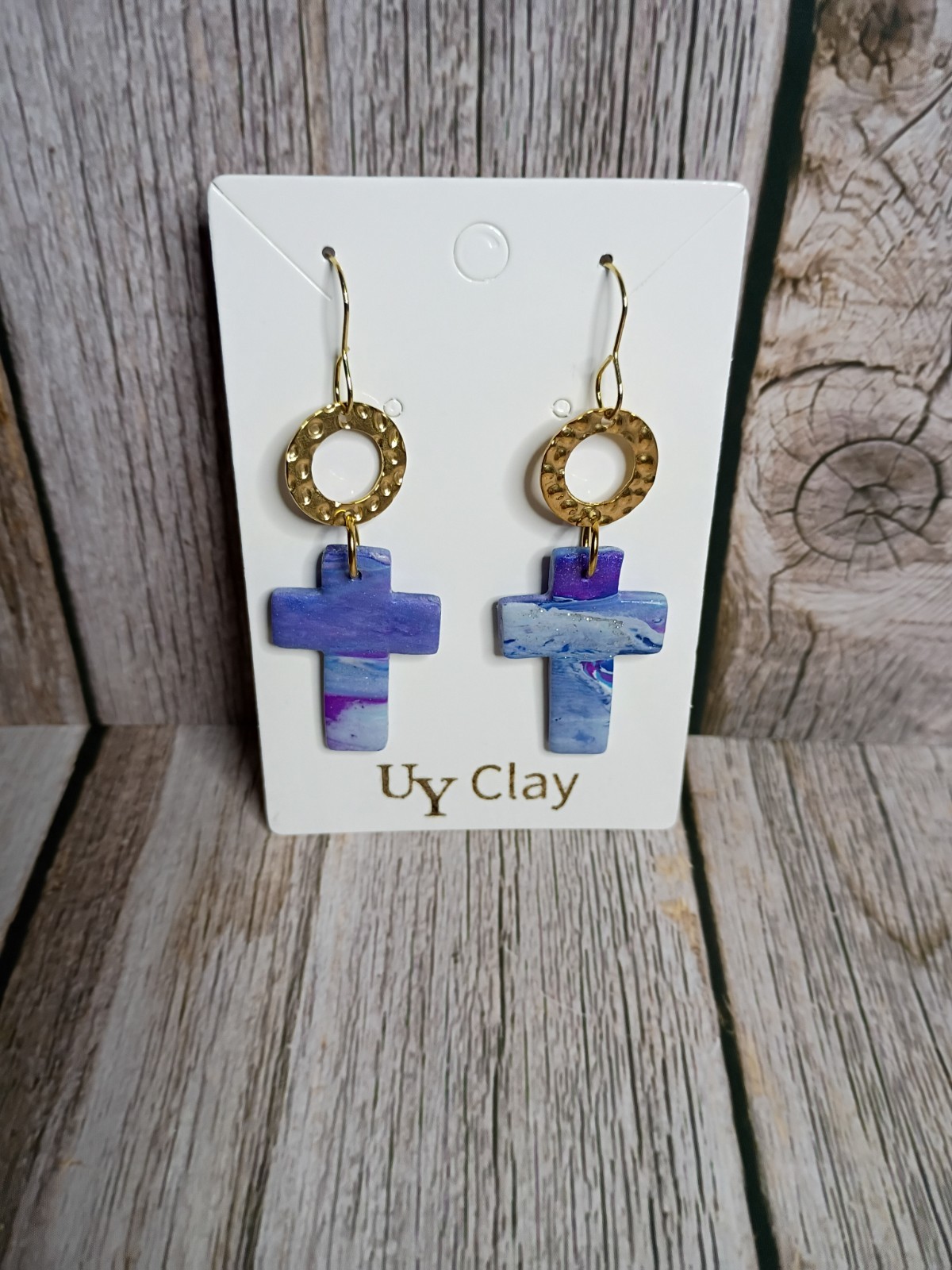 Handmade Purple Marbled Cross Gold Ring Polymer Clay Dangle Earrings – Hypoaller