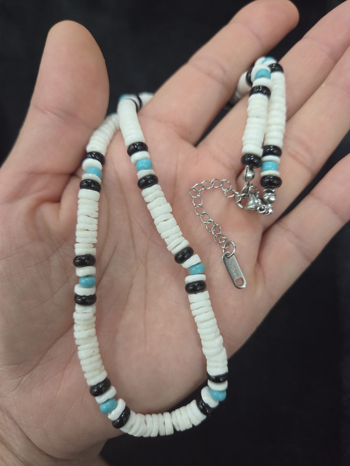Puka Shell Surfer Necklace/ Stainless Steel/Adjustable Lobster Clasp/Turquoise.