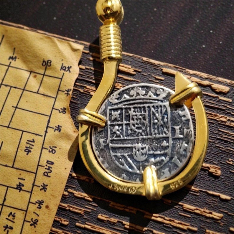 Atocha 1622 Fish Hook Silver Coin Pendant 14k Gold Overlay Certificate Design