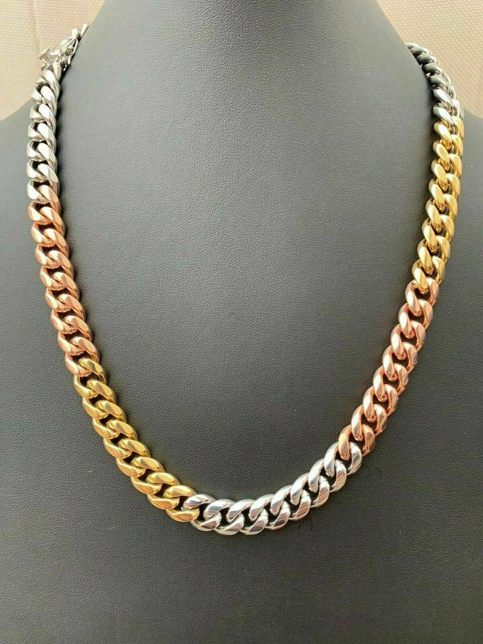 12mm Men’s Miami Cuban Link Chain 3 Tri Color Real Gold Plated Stainless 18-30″