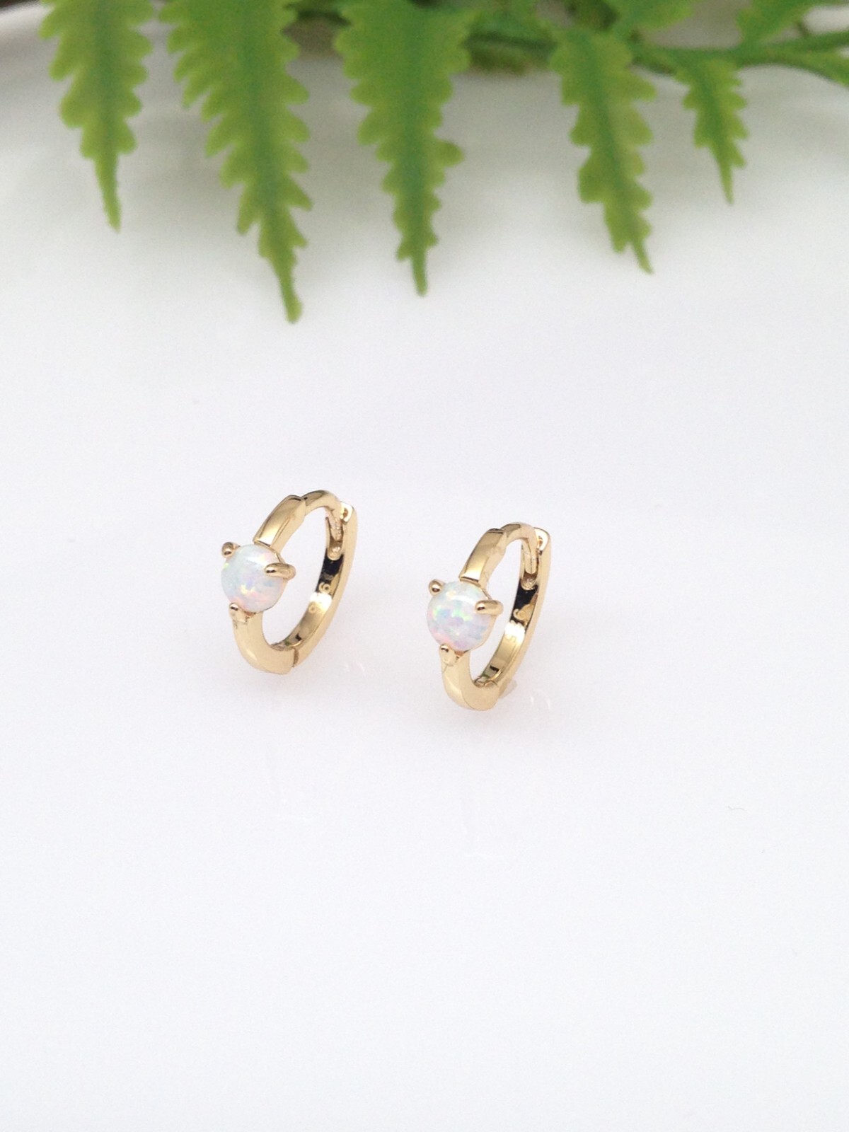925 Sterling Silver White Opal Huggie Hoop Earrings VERY SMALL 10mm/7.8mm x1mm