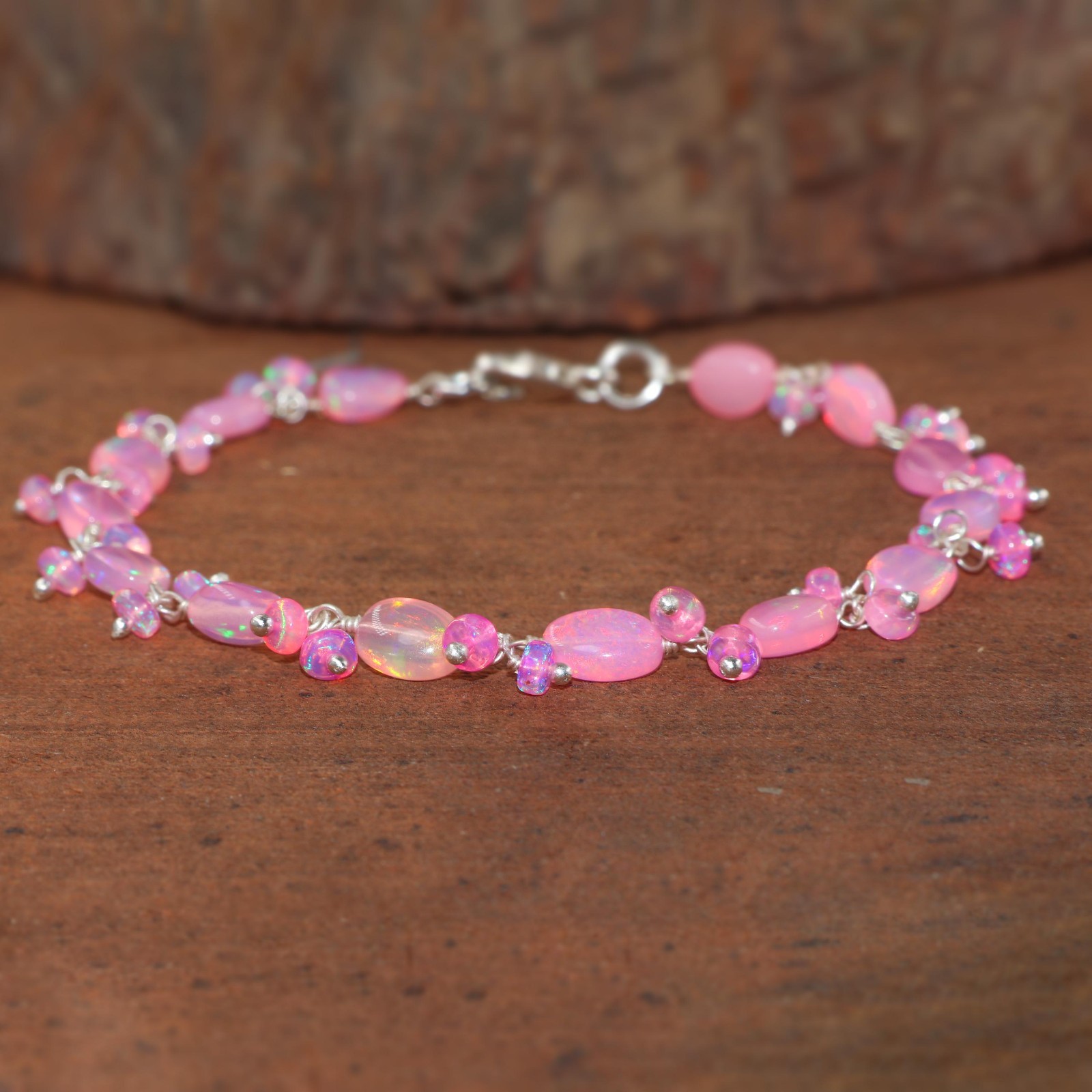 Genuine Pink Opal Gemstone Tumble Beads Bracelet, Natural Fire Opal Bracelet