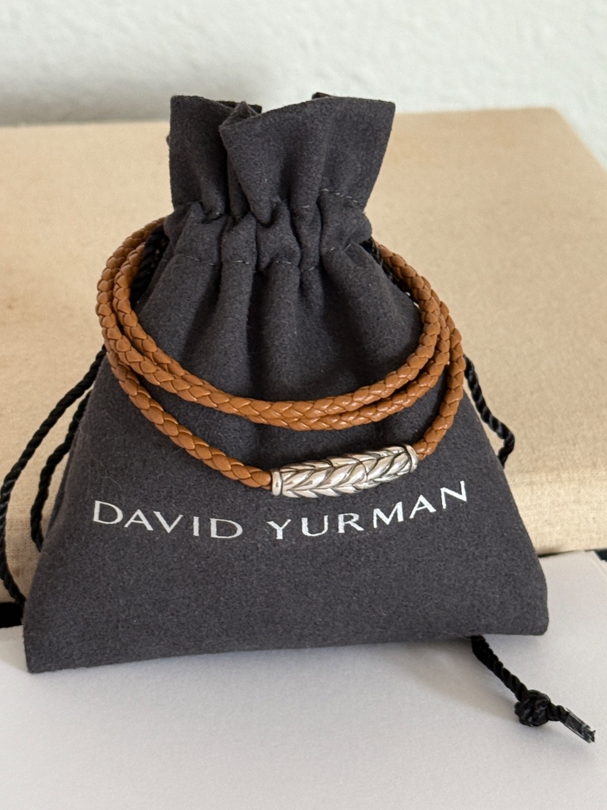 David Yurman Sterling Silver Chevron Triple Wrap Brown Leather Bracelet Small