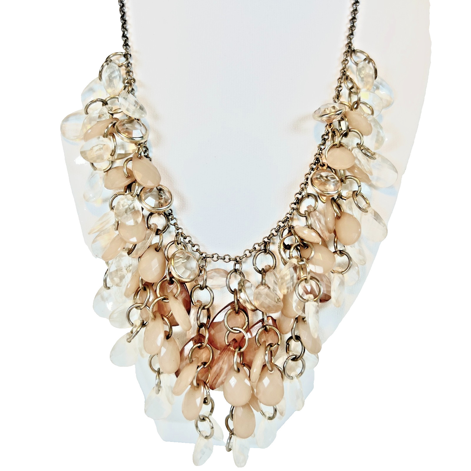 Pretty Lightweight Plastic Faceted Teardrop Bezel Set Crystal Bib Necklace Pink