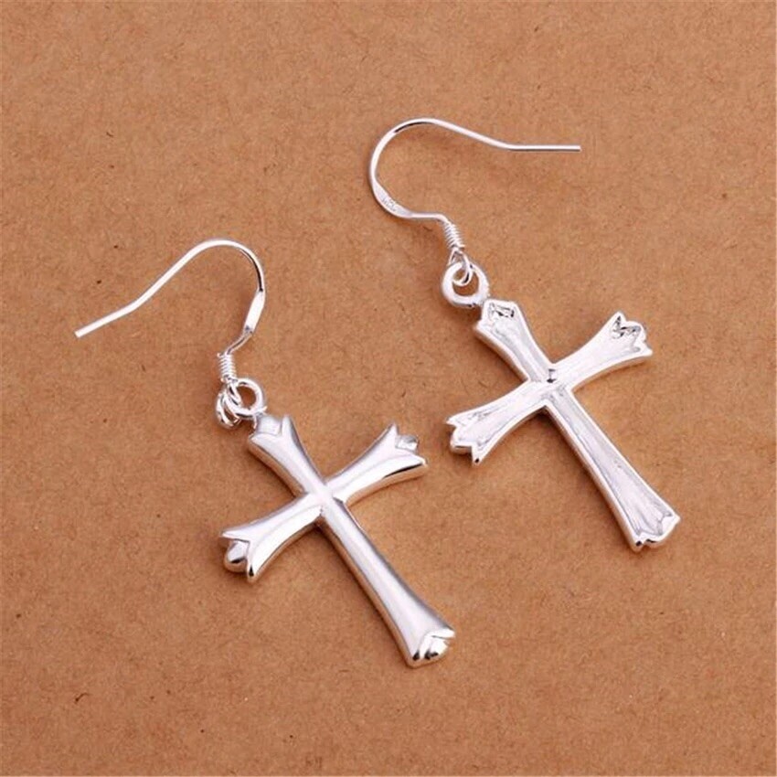 925 Sterling Silver Cross Dangle Drop Hook Hoop Earrings Men Women E37