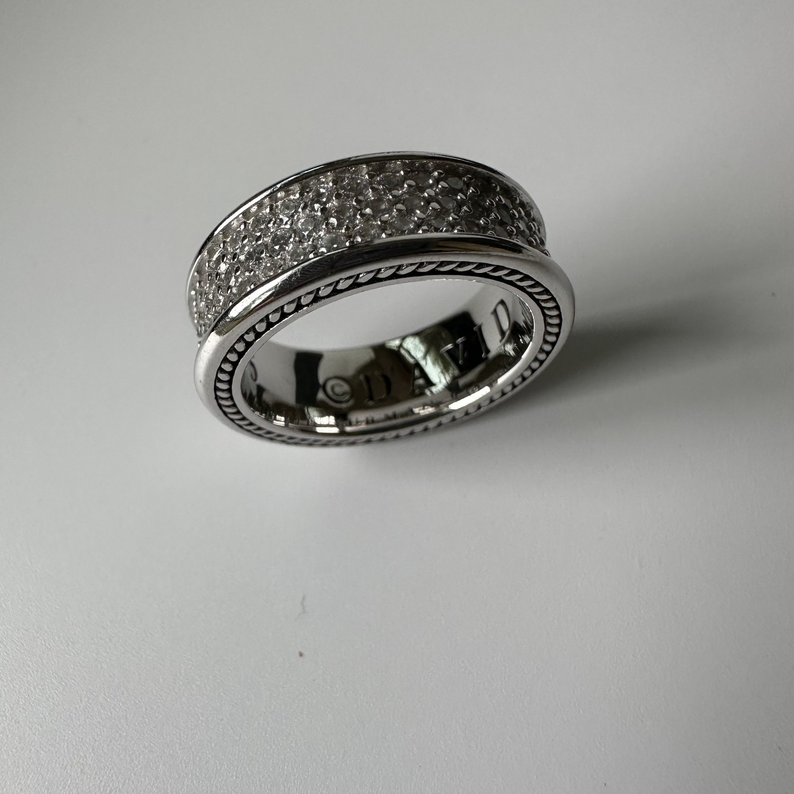 David Yurman 8.5mm Three Row Band Ring 925 Sterling Silver Pavé Diamonds Size 7