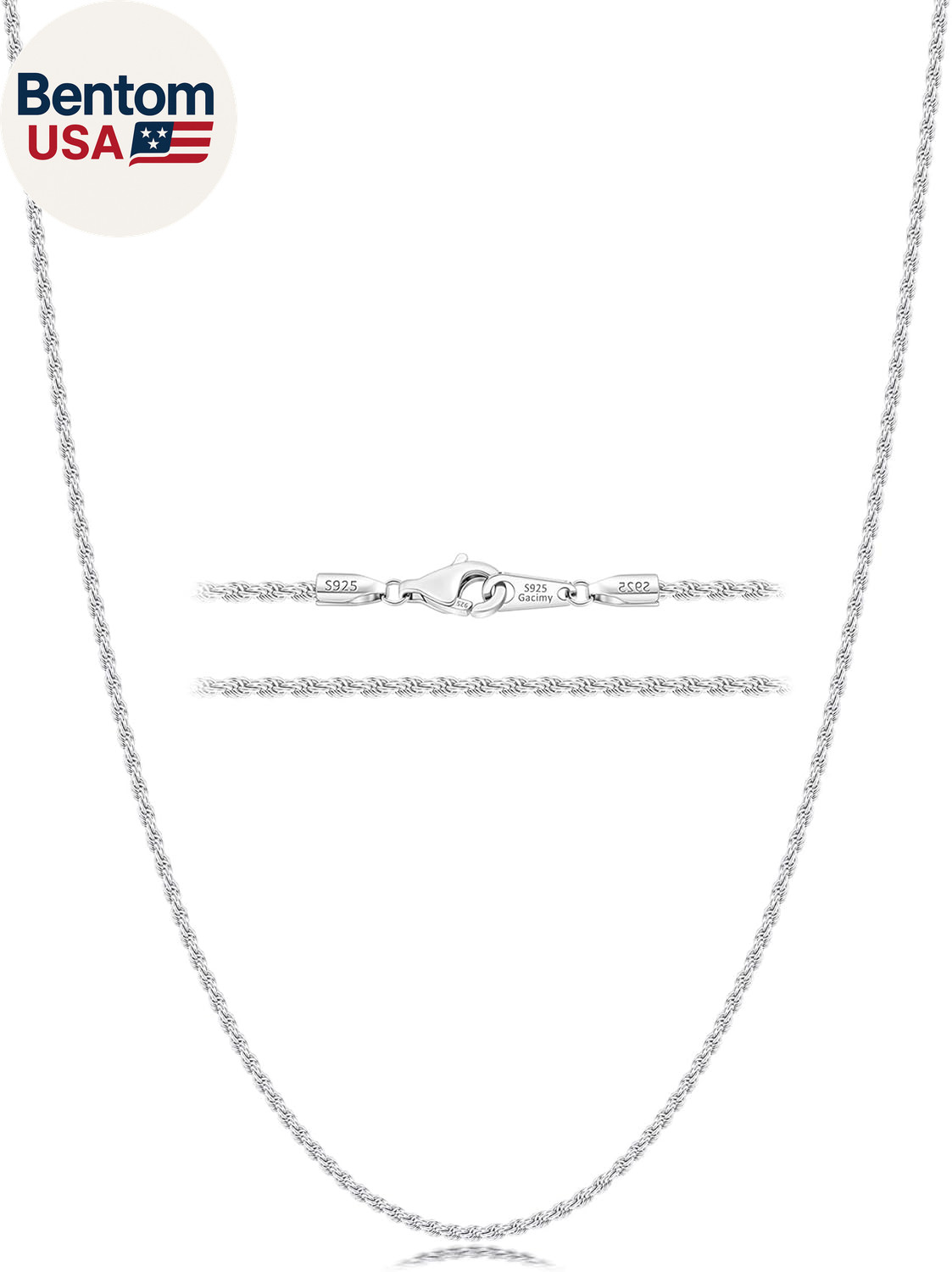 925 Sterling Silver Rope Chain for Women Men, 1.2Mm 1.5Mm 1.8Mm Width 16 18 20 2