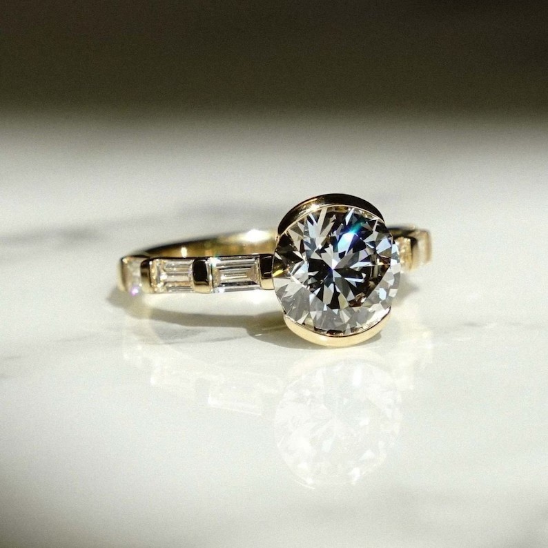 2 CT Round-Cut Real Moissanite Half Bezel Engagement Ring 14K Yellow Gold Plated