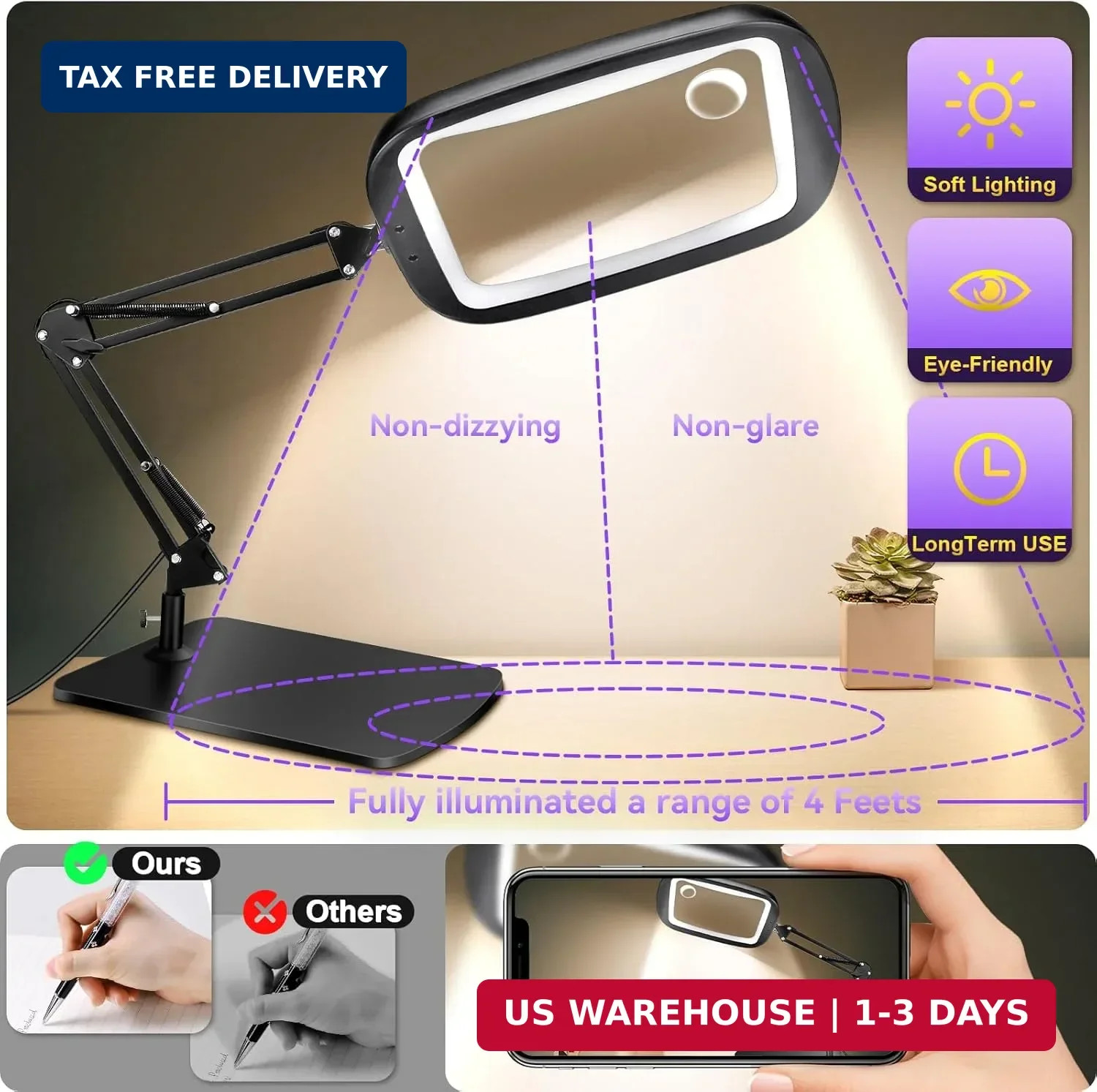 10X 30X Extra Large Magnifying Glass with Light and Stand 7-inch | 5 Color Modes