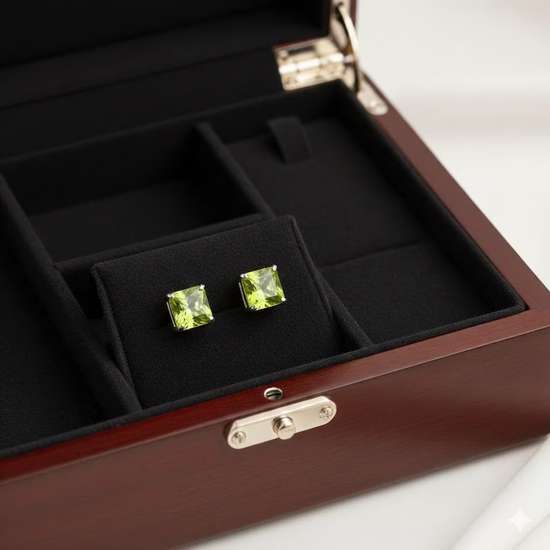 Green Square Stud Earrings | 925 Sterling Silver, Minimalist