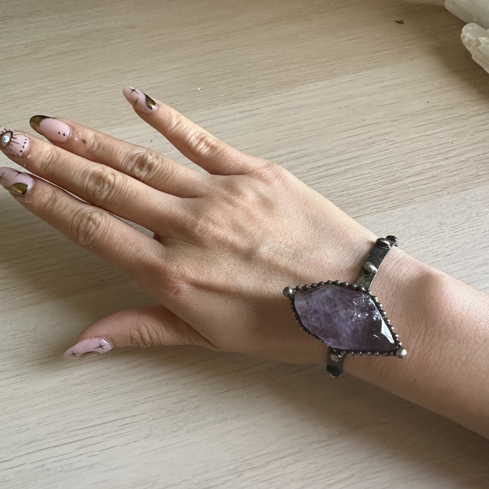 Amethyst Raw Shape Brass Adjustable Statement Bangle- New no tag