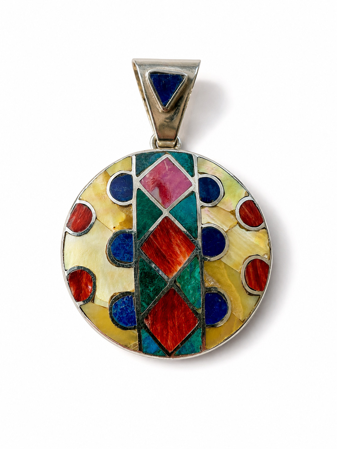 Handmade Peru 950 Silver Pendant Natural Stone Shell Inlay Artisan Round 1″