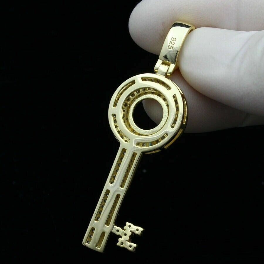 Pretty Baguette Cut Simulated Diamond Key Shape Pendant 14k Yellow Gold Plated