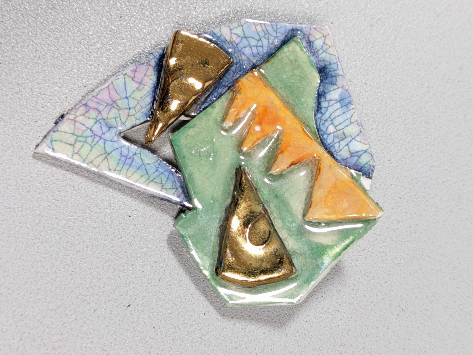 Blue Green Gold Tone Abstract Ceramic Pin Brooch