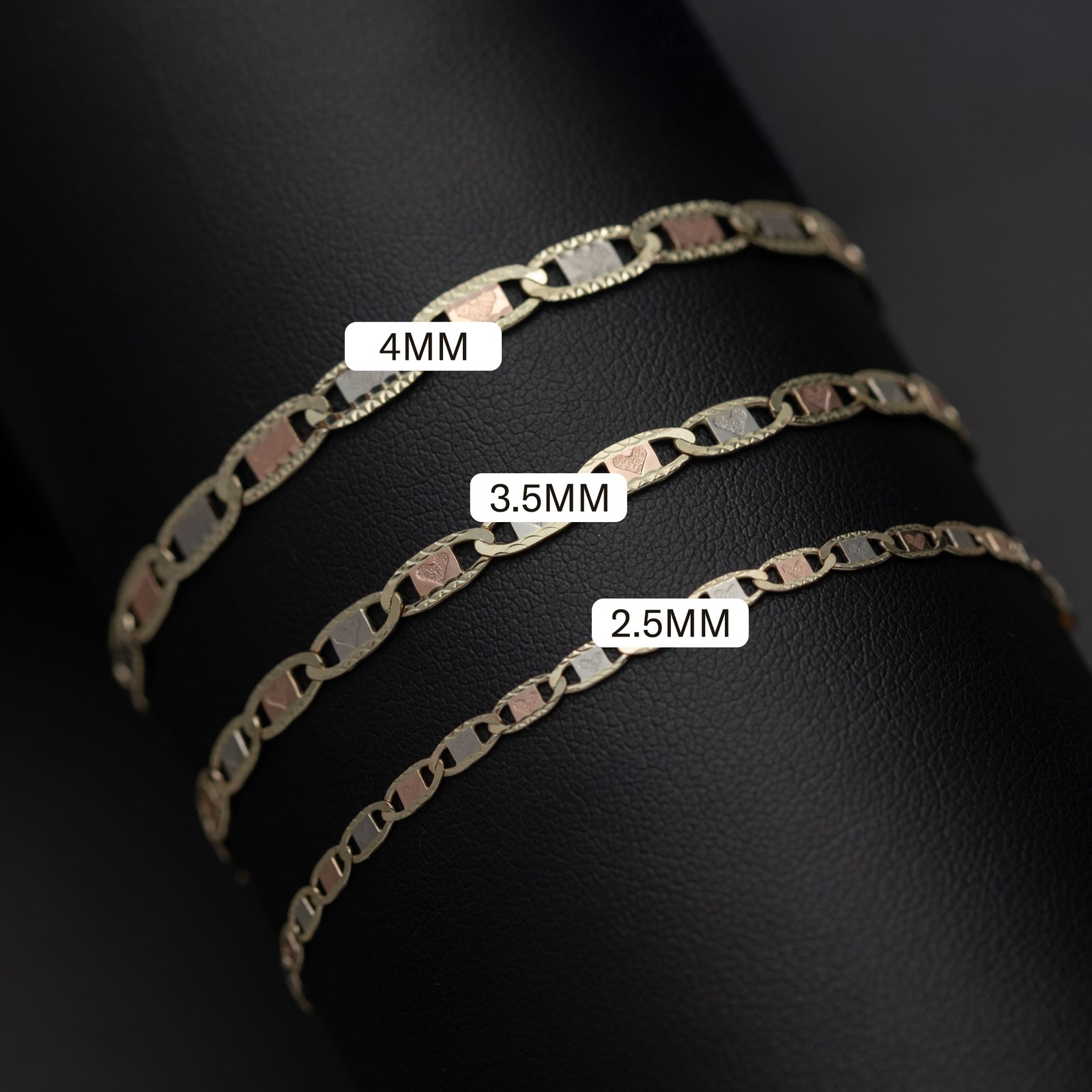10K GOLD Heart Textured Valentino Link Bracelet Tri-Color Gold All Sizes
