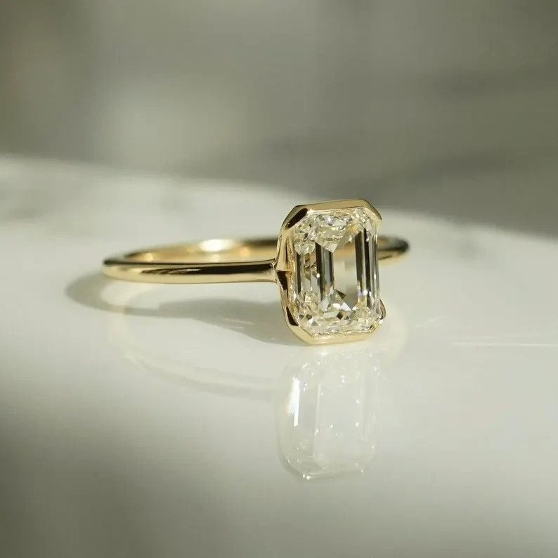 2Ct Emerald Cut Real Moissanite Bezel Engagement Ring 14K Yellow Gold Plated
