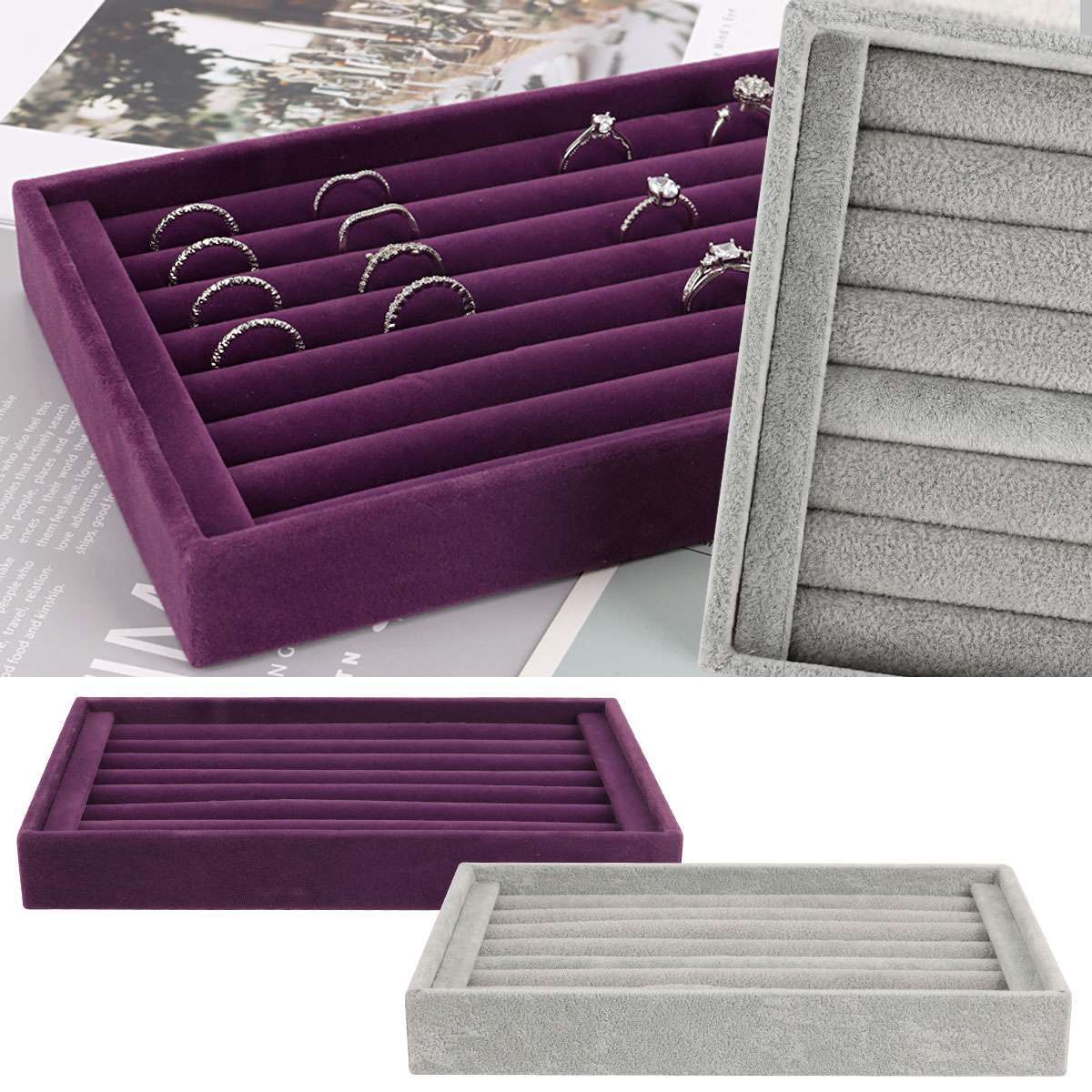 Velvet Jewelry Ring Display Organizer Case Tray Holder Earring Storage Box