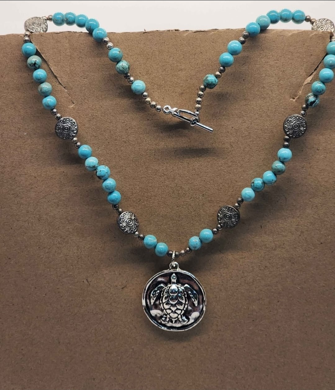Turquoise Round Beaded Necklace Silver Tone Sea Turtle Charm Pendant Toggle