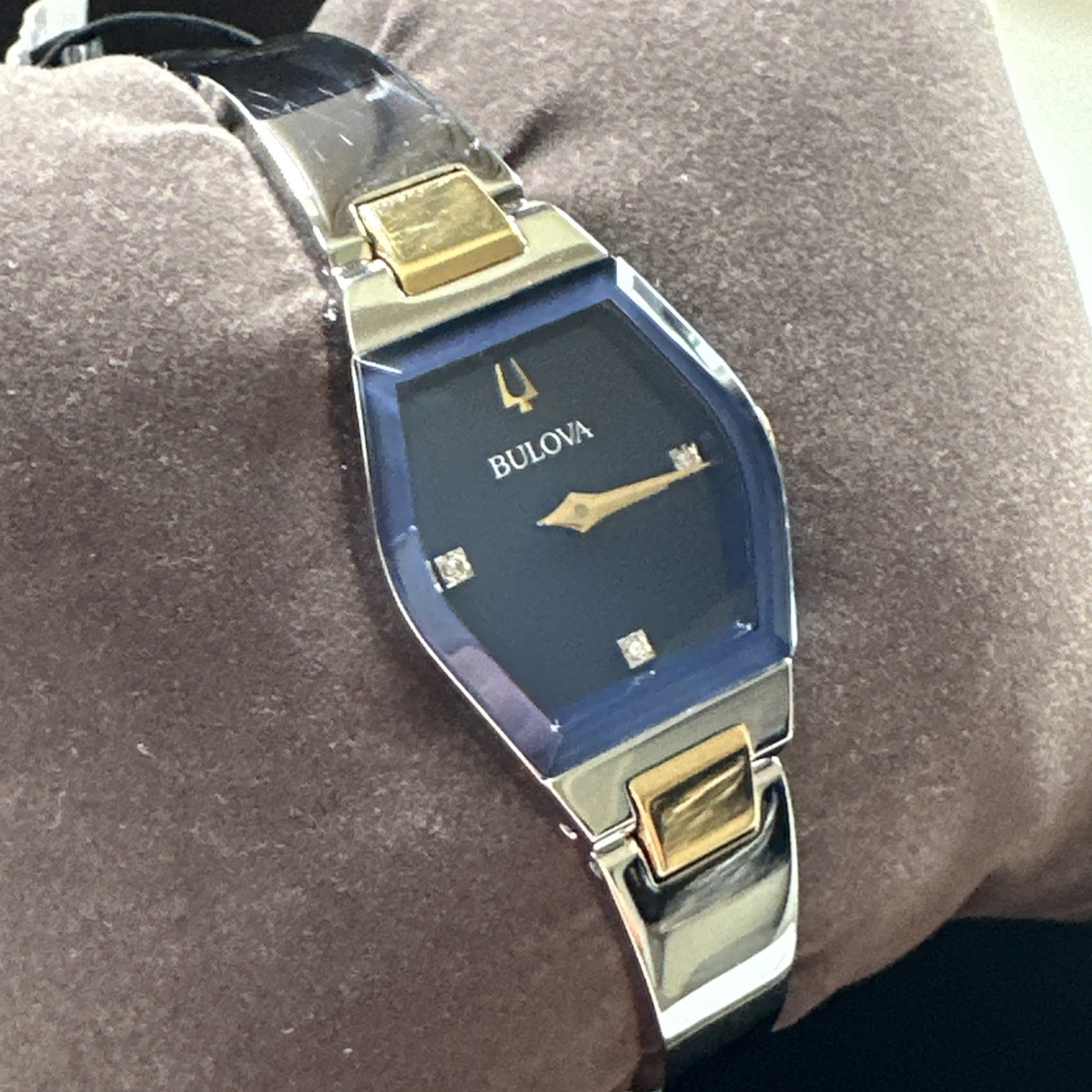 Bulova Gemini Diamonds Quartz Blue Dial Steel Ladies Bangle Watch 98P218