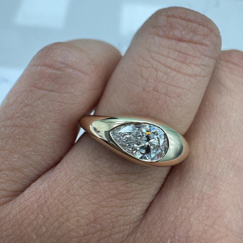 IGI 1.50Ct Pear-Cut EF/VS1 Lab Grown Diamond Bezel Wedding Ring 14K Yellow Gold